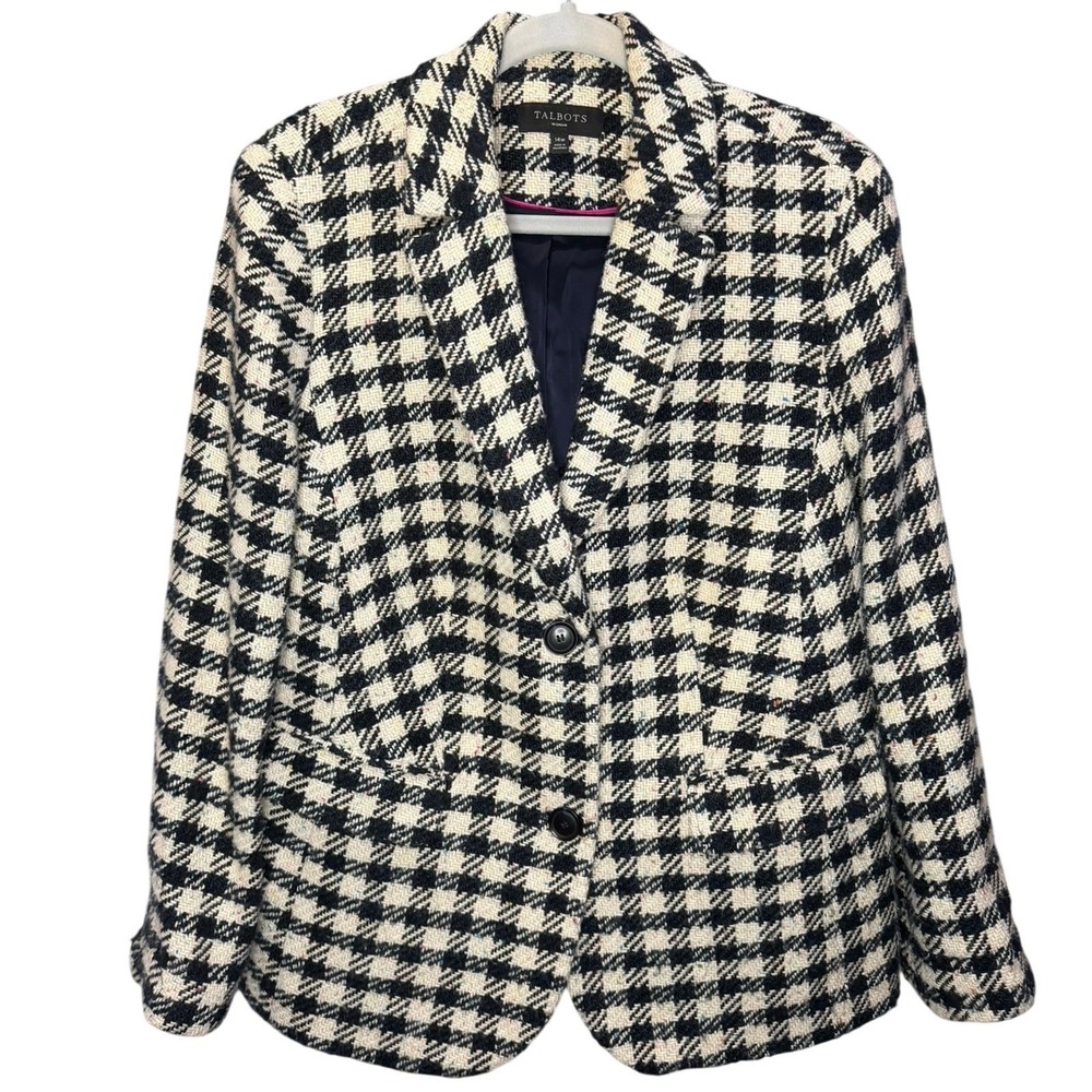Talbots Blazer Jacket Womens 14 Black White Wool Blend Houndstooth Tweed Flecked